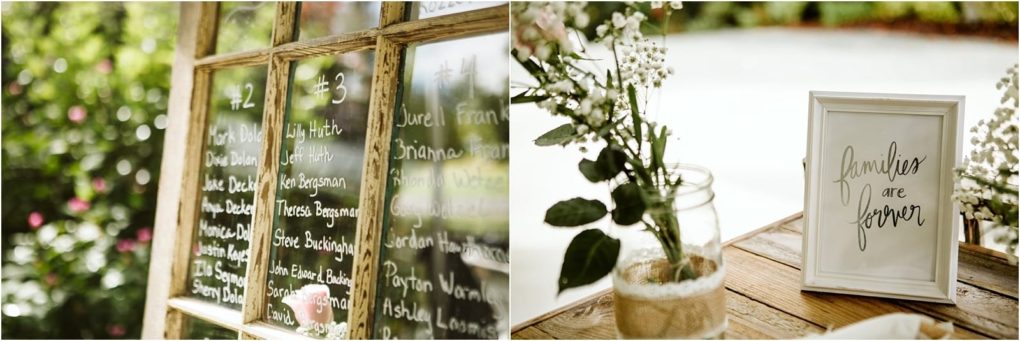 Premier snohomish & seattle wedding photographer | gsquared weddings photography a rustic snohomish wedding setup features handwritten guest names on glass window panes and a framed sign reading families are forever beside a mason jar with white flowers on a wooden table | serving snohomish seattle                   & beyond