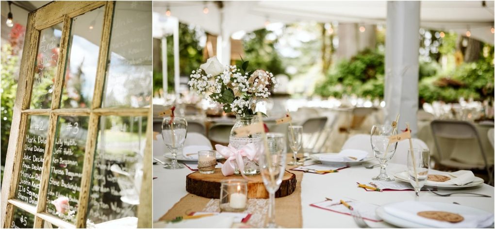 Premier snohomish & seattle wedding photographer | gsquared weddings photography a rustic snohomish wedding reception setup with a glass window seating chart on the left and an elegantly decorated table with white linens floral centerpiece and table settings on the right under a bright outdoor tent | serving snohomish seattle                   & beyond