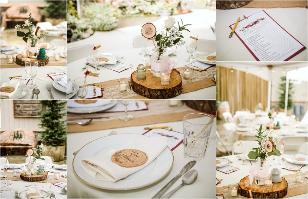 Premier snohomish & seattle wedding photographer | gsquared weddings photography a rustic snohomish wedding table setup with wood slice centerpieces simple white plates glassware floral arrangements and personalized wooden coasters Menus and decor add to the elegant natural seattle engagement theme | serving snohomish seattle                   & beyond