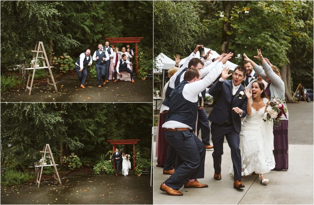 Premier snohomish & seattle wedding photographer | gsquared weddings photography a joyful bride and groom run through cheering friends outdoors at their snohomish seattle wedding earlier the couple is seen walking beneath a wooden arch surrounded by lush greenery | serving snohomish seattle                   & beyond