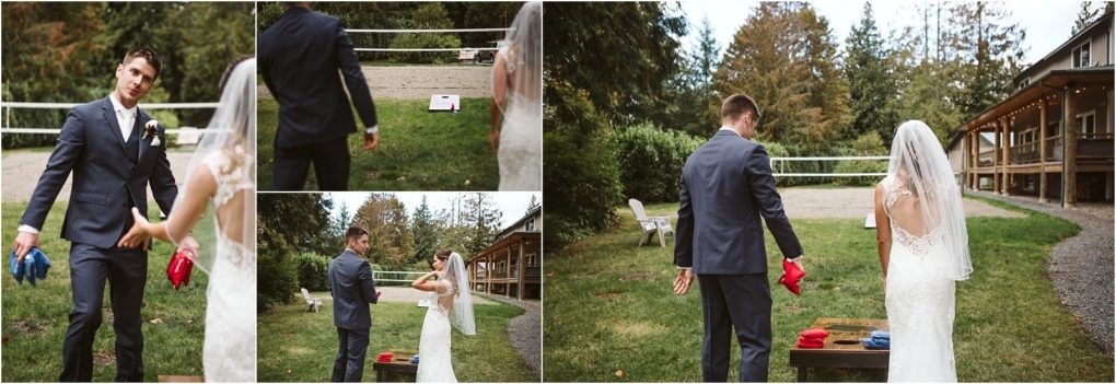 Premier snohomish & seattle wedding photographer | gsquared weddings photography a bride and groom in wedding attire play a game of cornhole on a lawn in snohomish enjoying their time together before their seattle wedding ceremony Trees and a house provide a charming backdrop to this joyful engagement | serving snohomish seattle                   & beyond