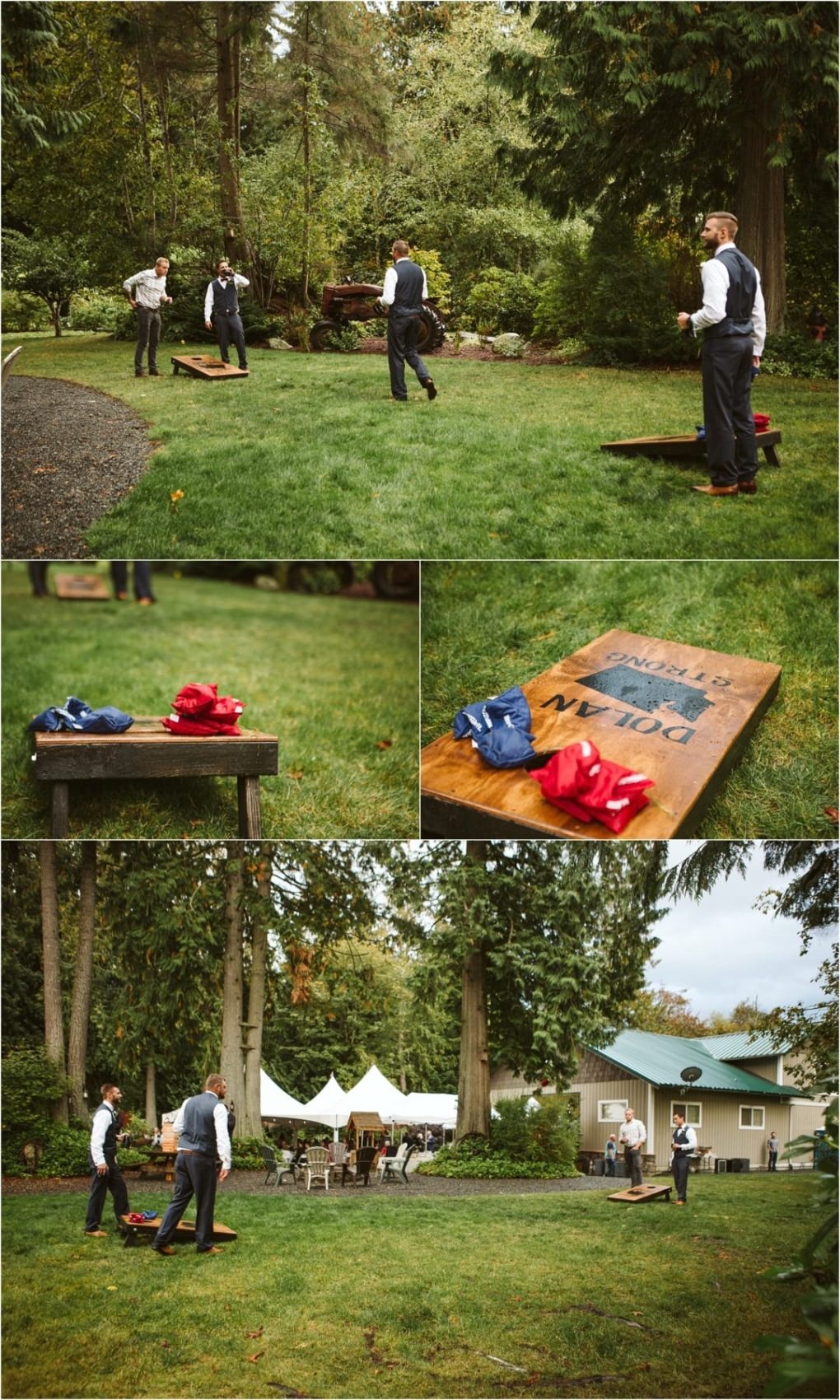 Premier snohomish & seattle wedding photographer | gsquared weddings photography three men in dress shirts and vests play cornhole on a grassy lawn at a snohomish wedding Close ups show red and blue bean bags and a wooden board with white tents trees and a house in the background | serving snohomish seattle                   & beyond