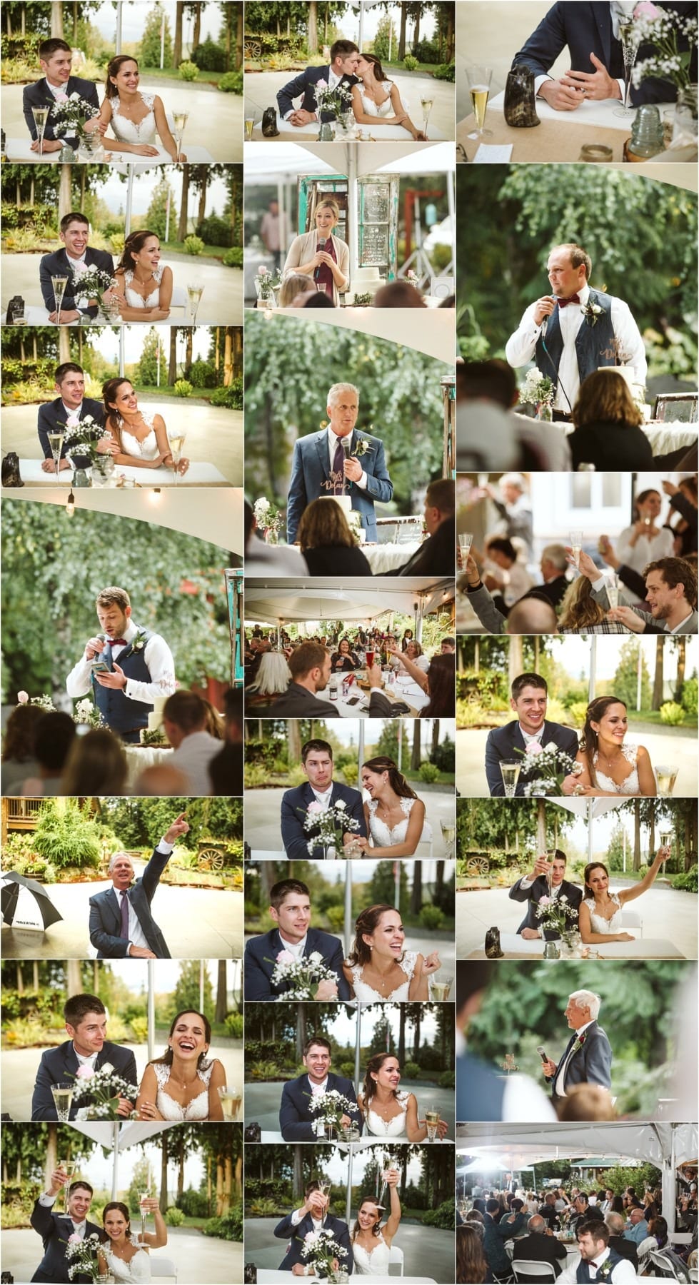Premier snohomish & seattle wedding photographer | gsquared weddings photography a collage of snohomish seattle wedding reception moments featuring a bride and groom heartfelt speeches toasts laughter and celebration in an outdoor garden setting with abundant greenery and natural light | serving snohomish seattle                   & beyond