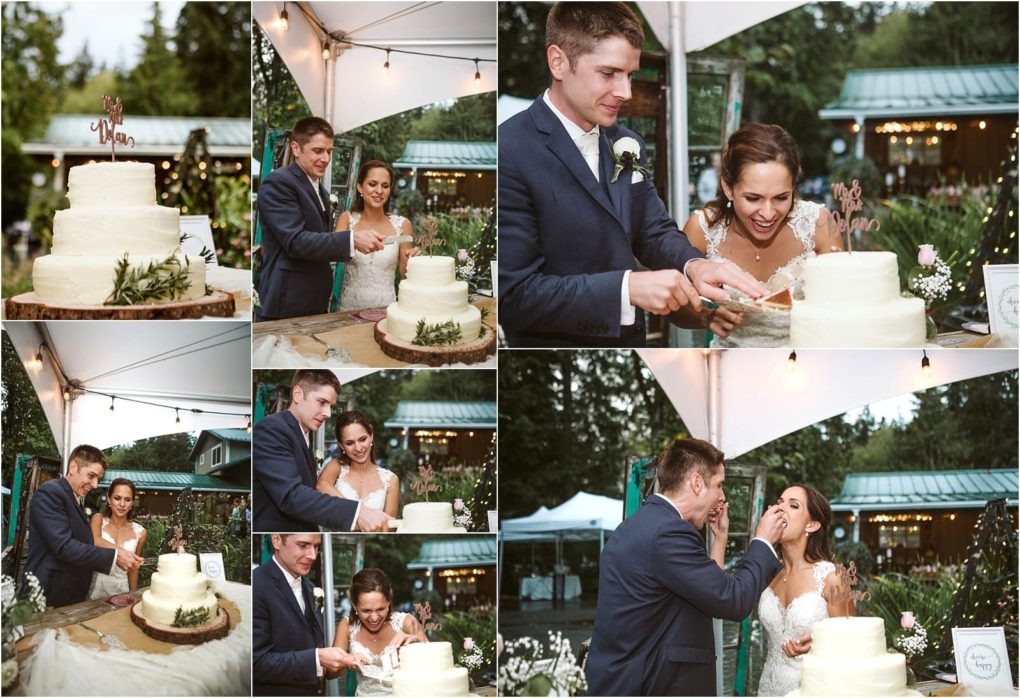 Premier snohomish & seattle wedding photographer | gsquared weddings photography a bride and groom stand under a tent cutting and sharing a white wedding cake together while laughing and smiling during their snohomish outdoor wedding reception near seattle | serving snohomish seattle                   & beyond