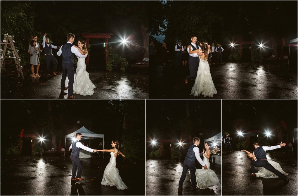 Premier snohomish & seattle wedding photographer | gsquared weddings photography a bride and groom dance outside on wet pavement at night during their snohomish seattle wedding surrounded by bright lights and a few onlookers The sequence captures their movements spins and a dramatic dip | serving snohomish seattle                   & beyond
