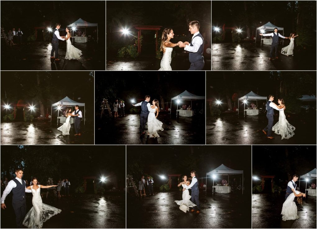 Premier snohomish & seattle wedding photographer | gsquared weddings photography a bride and groom dance together outdoors at night on a wet surface illuminated by bright lights at their snohomish seattle wedding The couple twirl hold hands and embrace surrounded by dark trees and a white tent in the background | serving snohomish seattle                   & beyond