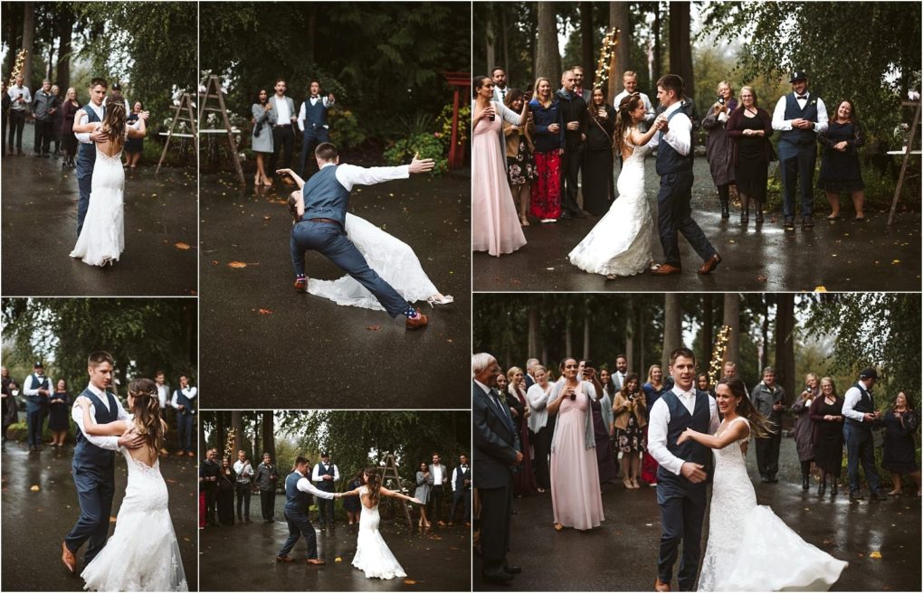 Premier snohomish & seattle wedding photographer | gsquared weddings photography a bride and groom dance outdoors on a rainy snohomish day surrounded by guests The couple performs various dance moves smiling and celebrating their seattle wedding while friends and family watch and cheer under trees | serving snohomish seattle                   & beyond