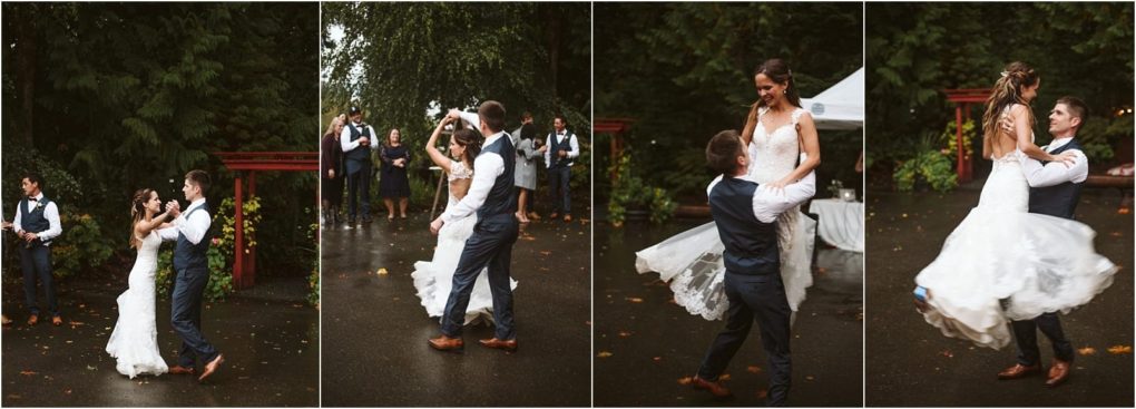 Premier snohomish & seattle wedding photographer | gsquared weddings photography a joyful bride and groom dance outdoors on a rainy snohomish wedding day spinning and lifting each other as guests watch beneath the trees making for a festive seattle celebration | serving snohomish seattle                   & beyond