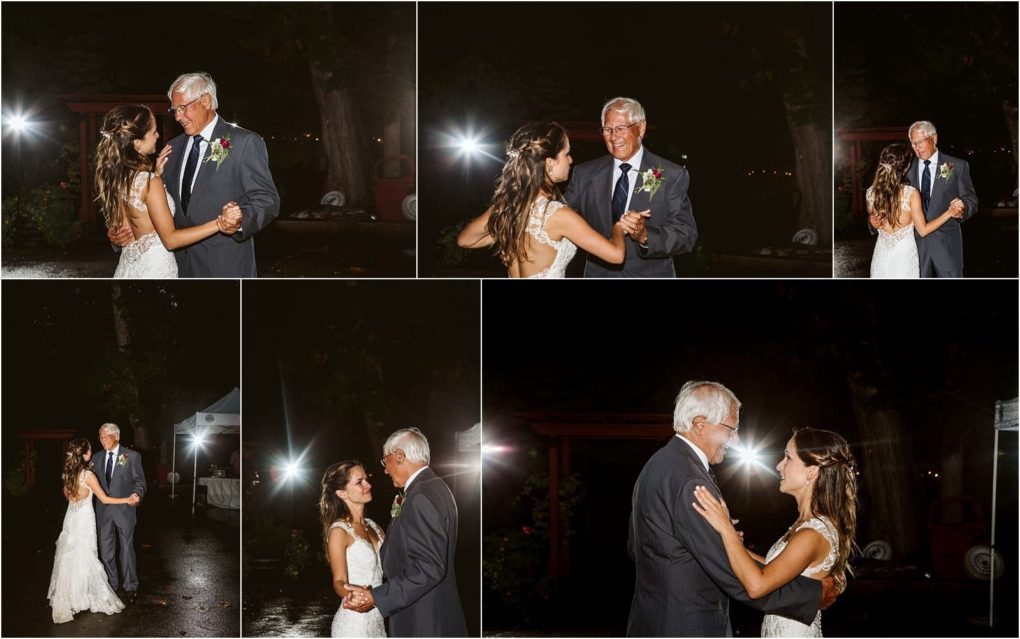 Premier snohomish & seattle wedding photographer | gsquared weddings photography collage of five photos showing a bride in a white dress dancing and smiling with an older man in a suitlikely her fatherat an outdoor nighttime snohomish wedding near seattle glowing under string lights | serving snohomish seattle                   & beyond