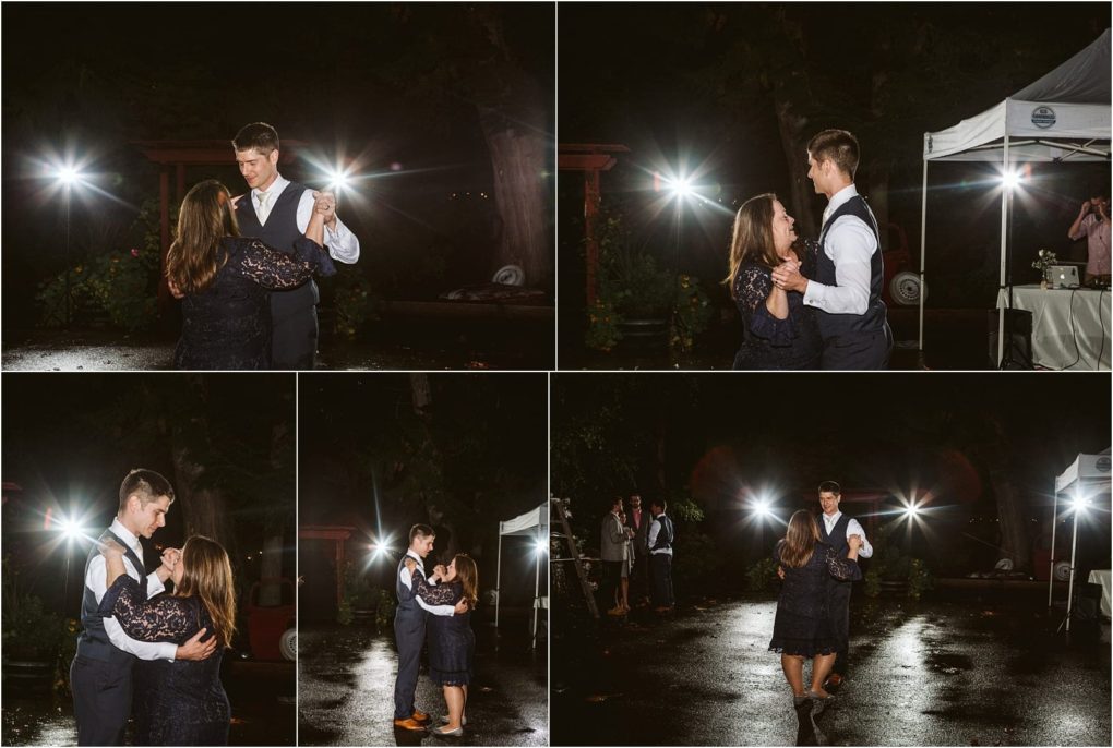 Premier snohomish & seattle wedding photographer | gsquared weddings photography a man in a vest and tie dances with a woman in a navy dress outdoors at night during a snohomish seattle wedding bright lights and a tent illuminate the background capturing joyful moments of their dance together | serving snohomish seattle                   & beyond