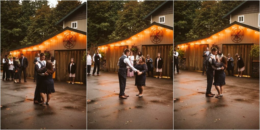 Premier snohomish & seattle wedding photographer | gsquared weddings photography three panel image of a man in a vest and tie dancing with an older woman outdoors at dusk near a warmly lit barn while guests in formal attire watchcapturing the charm of a snohomish seattle wedding | serving snohomish seattle                   & beyond