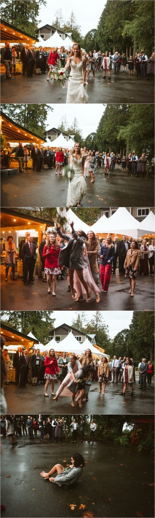 Premier snohomish & seattle wedding photographer | gsquared weddings photography at a snohomish outdoor wedding near seattle a bride throws her bouquet to a group of women They eagerly reach out and one falls to the ground clutching the bouquet as laughter and surprise light up this joyful wedding engagement moment | serving snohomish seattle                   & beyond