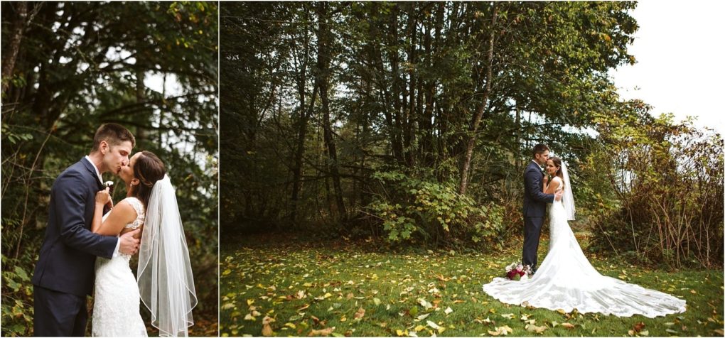 Premier snohomish & seattle wedding photographer | gsquared weddings photography a bride and groom share a kiss outdoors in front of trees at their snohomish seattle wedding The bride wears a white gown and veil while the groom dons a dark suit Fallen leaves cover the grass around them | serving snohomish seattle                   & beyond