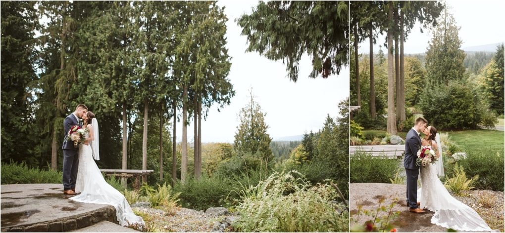 Premier snohomish & seattle wedding photographer | gsquared weddings photography a bride and groom stand outdoors embracing and smiling at each other surrounded by lush greenery and tall trees during their snohomish wedding The bride wears a long white dress with a train and the groom is in a suit | serving snohomish seattle                   & beyond
