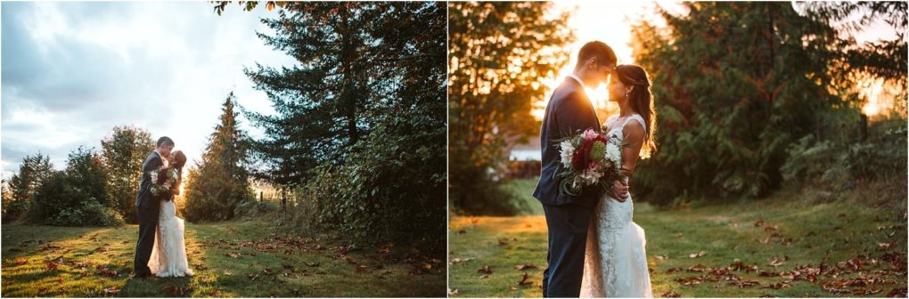 Premier snohomish & seattle wedding photographer | gsquared weddings photography a bride and groom stand close together outdoors at sunset near snohomish surrounded by trees and greenery sharing a romantic seattle wedding moment in the warm golden light | serving snohomish seattle                   & beyond