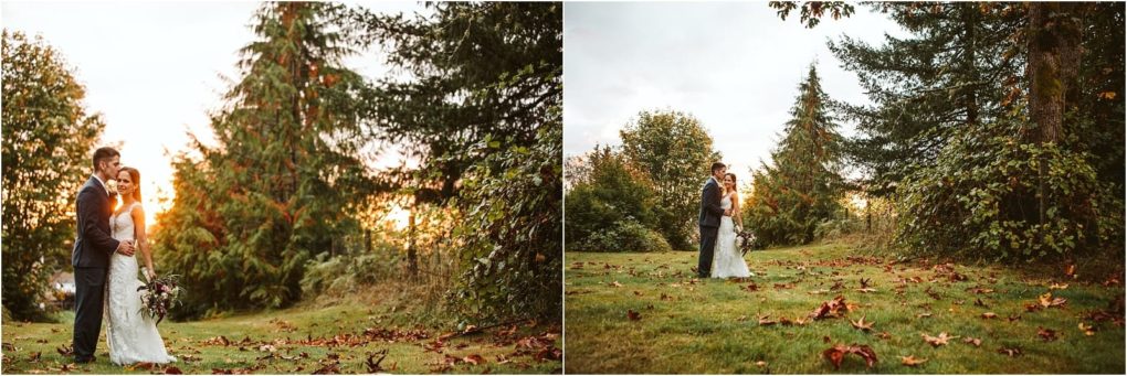 Premier snohomish & seattle wedding photographer | gsquared weddings photography a bride and groom embrace on a grassy lawn surrounded by tall trees at sunset with autumn leaves scattered on the ground during their dreamy snohomish seattle wedding engagement | serving snohomish seattle                   & beyond