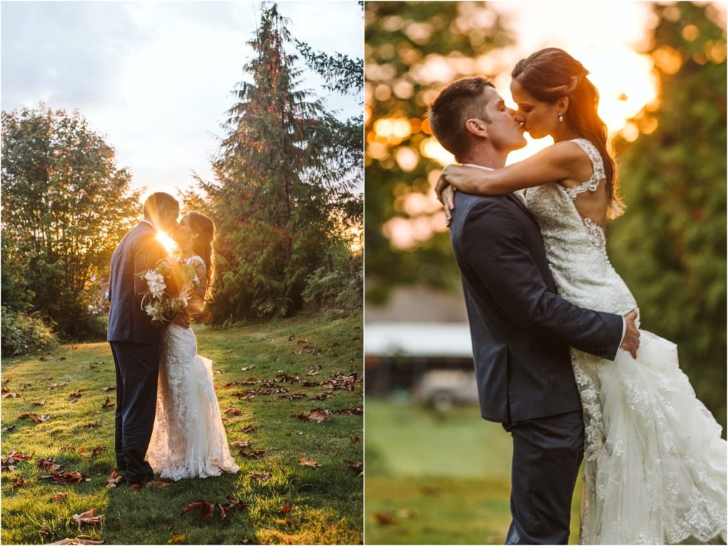 Premier snohomish & seattle wedding photographer | gsquared weddings photography two wedding photos on the left a snohomish bride and groom stand close kissing at sunset in a grassy area on the right the groom lifts the bride as they kiss with the sun glowing behind them near seattle | serving snohomish seattle                   & beyond