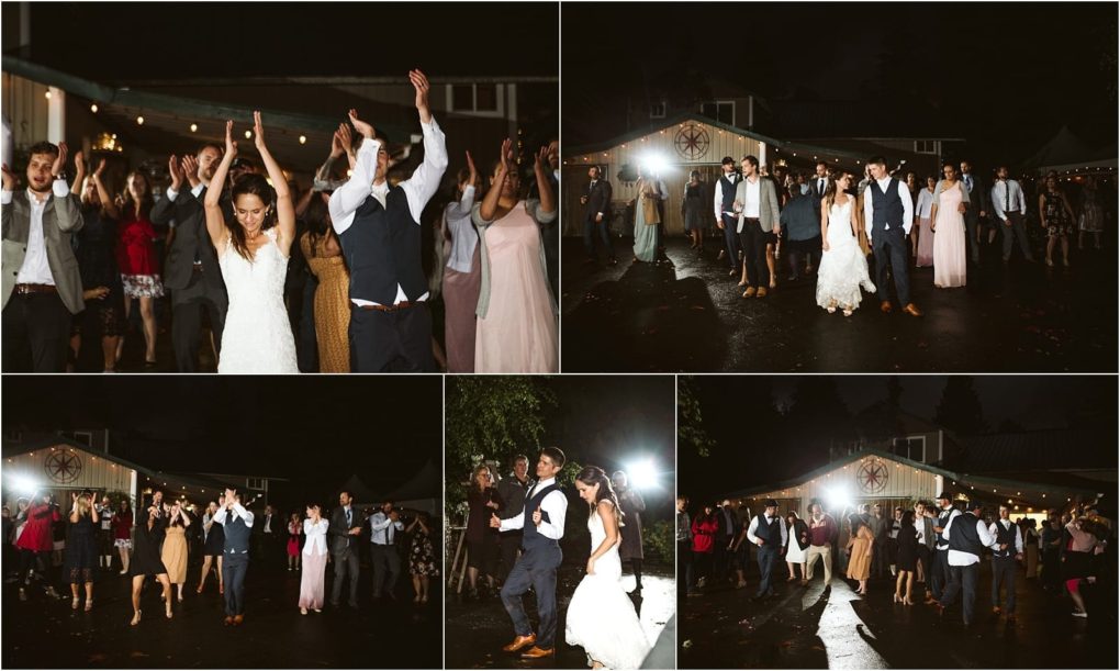 Premier snohomish & seattle wedding photographer | gsquared weddings photography a collage of snohomish wedding reception photos at night shows the bride and groom dancing with guests all celebrating under string lights in front of a barn like venue near seattle | serving snohomish seattle                   & beyond