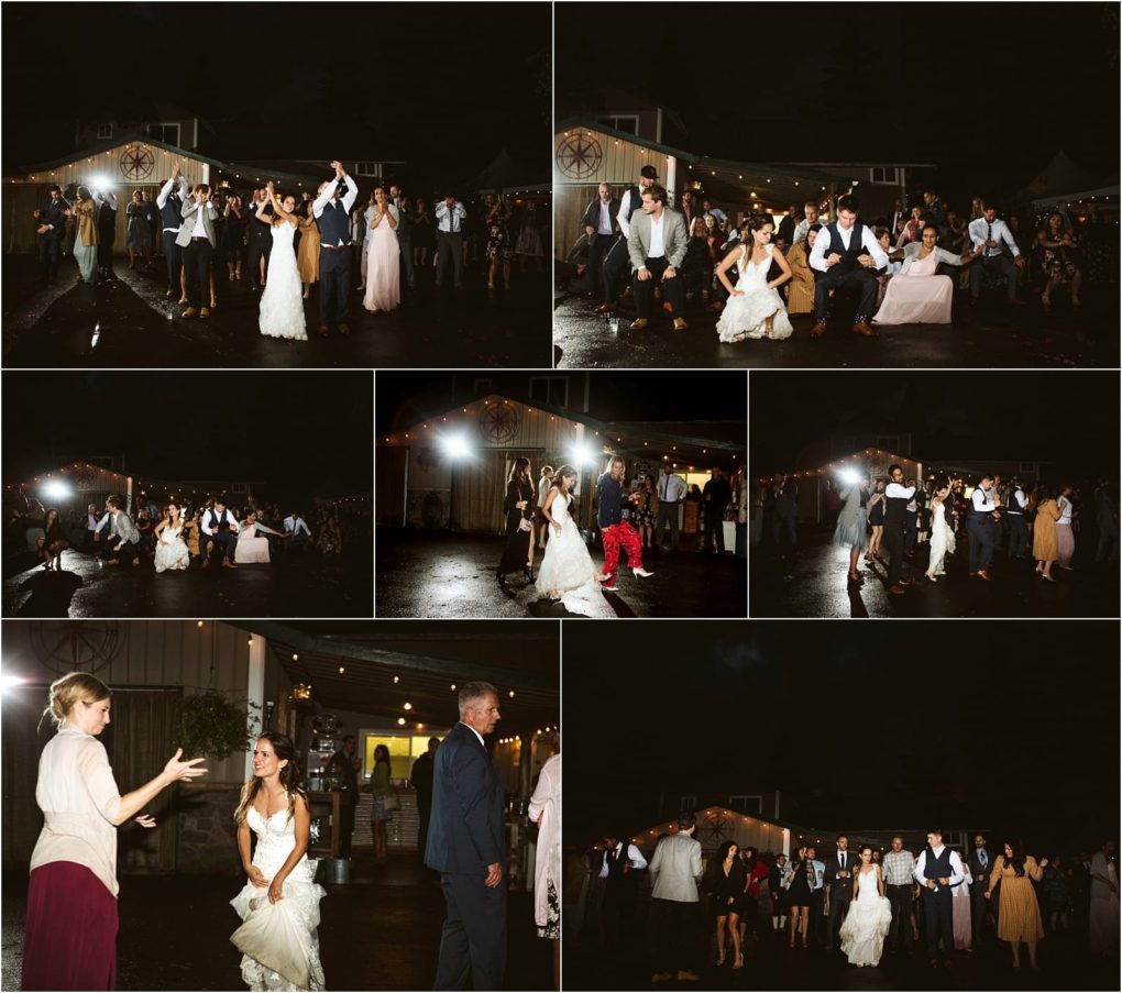 Premier snohomish & seattle wedding photographer | gsquared weddings photography a lively collage captures a snohomish wedding celebration with the bride groom and guests dancing joyfully outdoors under string lights Buildings glow in the background of this festive seattle engagement scene | serving snohomish seattle                   & beyond