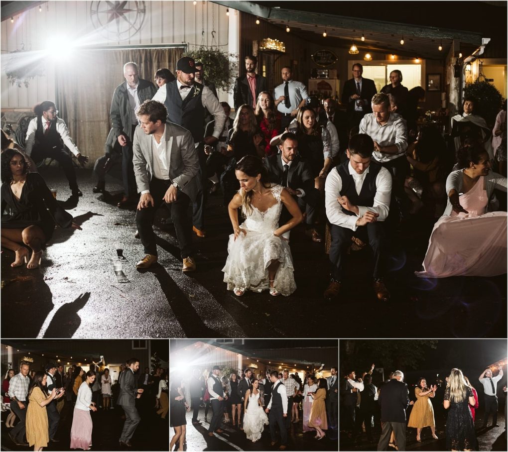 Premier snohomish & seattle wedding photographer | gsquared weddings photography a bride and groom dance with guests outdoors at night under string lights at their snohomish wedding Everyone appears to be following the same dance moves Three smaller photos below show more dancing and celebration from different angles | serving snohomish seattle                   & beyond