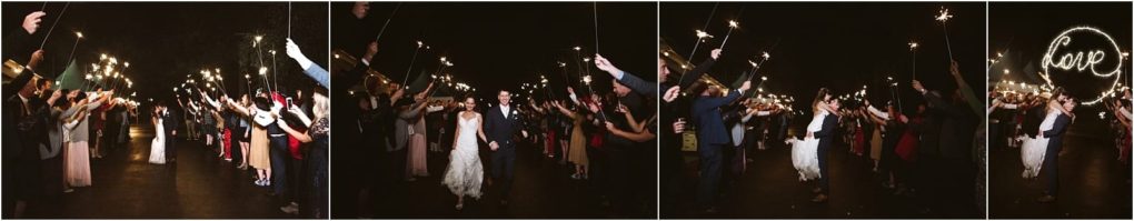 Premier snohomish & seattle wedding photographer | gsquared weddings photography a married couple walks through a nighttime crowd holding sparklers at their snohomish wedding with guests raising sparklers overhead In the last panel sparklers spell out the word love in the air | serving snohomish seattle                   & beyond