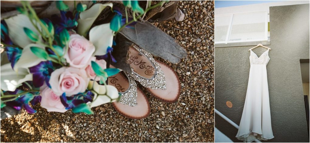Premier snohomish & seattle wedding photographer | gsquared weddings photography a bouquet with pink roses and blue flowers lies beside glittery sandals on gravel Next to this a white sleeveless wedding dress hangs on a wall outdoorsa dreamy scene for a snohomish seattle wedding | serving snohomish seattle                   & beyond