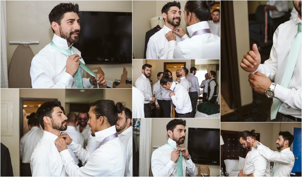 Premier snohomish & seattle wedding photographer | gsquared weddings photography a collage shows groomsmen in a room in snohomish helping each other put on ties and get dressed smiling and preparing for a seattle wedding They wear white shirts and light colored ties appearing happy and focused | serving snohomish seattle                   & beyond