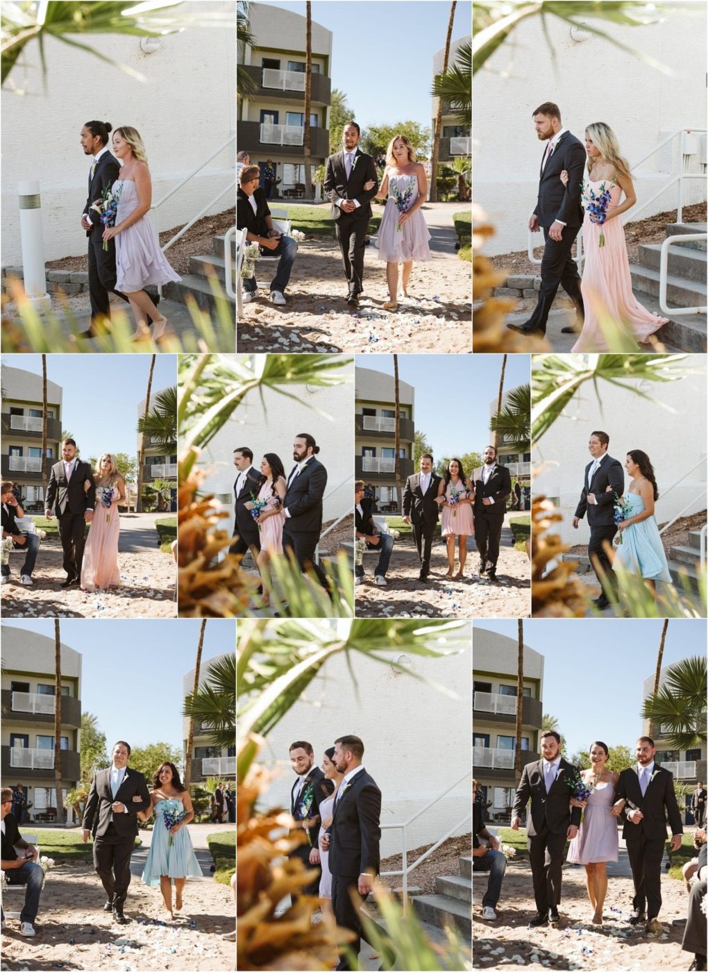 Premier snohomish & seattle wedding photographer | gsquared weddings photography a collage of outdoor snohomish wedding photos shows pairs of bridesmaids and groomsmen walking together in formal attire with palm trees and buildings in the background under bright sunlight | serving snohomish seattle                   & beyond