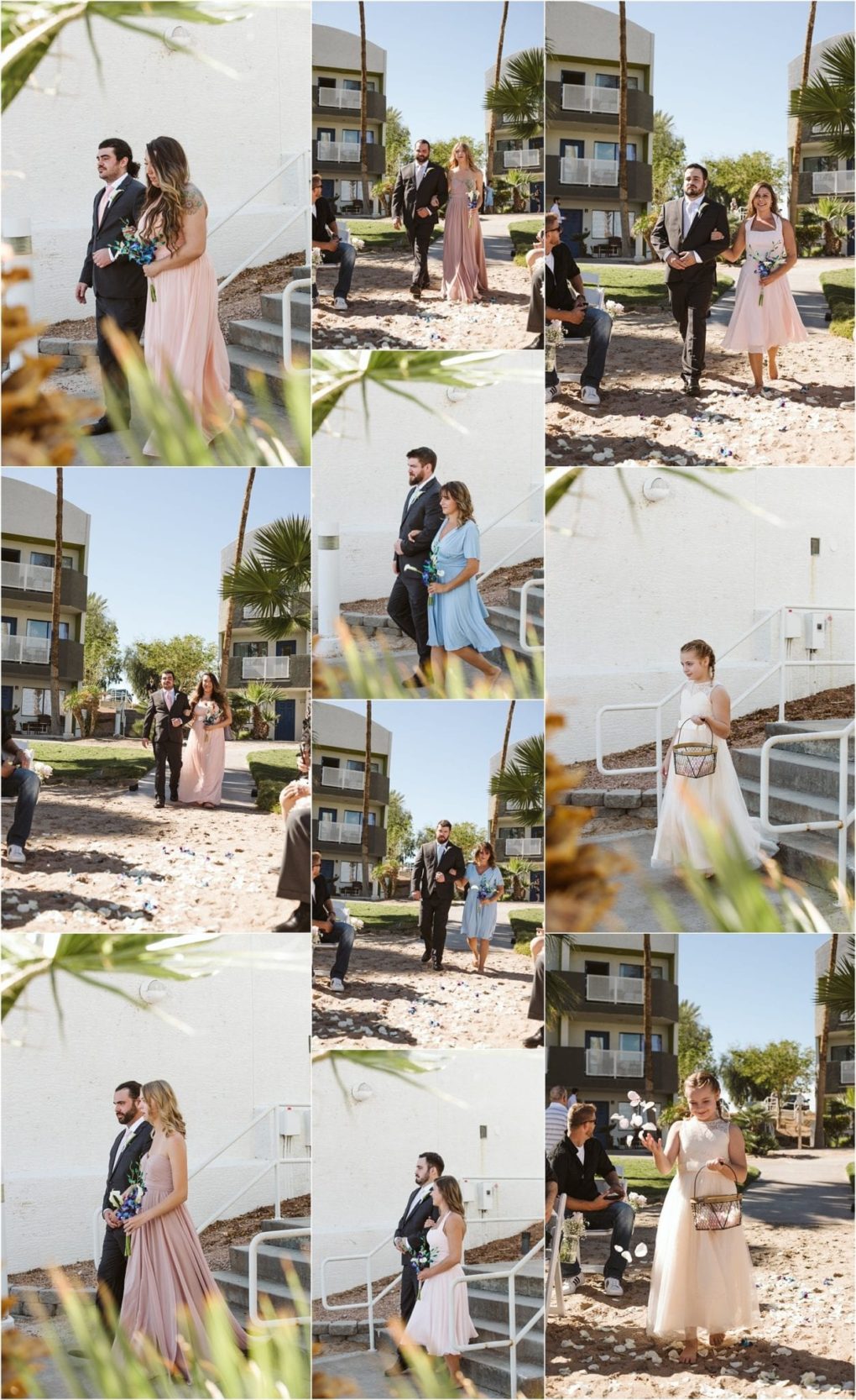Premier snohomish & seattle wedding photographer | gsquared weddings photography a collage of outdoor snohomish wedding photos shows guests and wedding party members in formal attire walking down an aisle with a white building palm trees and sunlight in the background | serving snohomish seattle                   & beyond