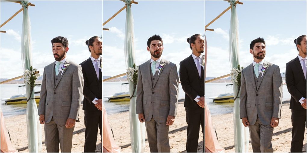 Premier snohomish & seattle wedding photographer | gsquared weddings photography three photos side by side show a groom in a gray suit with a boutonnière standing on a sandy beach under a simple arch at a snohomish seattle wedding with his groomsman beside him and boats on the water in the background | serving snohomish seattle                   & beyond