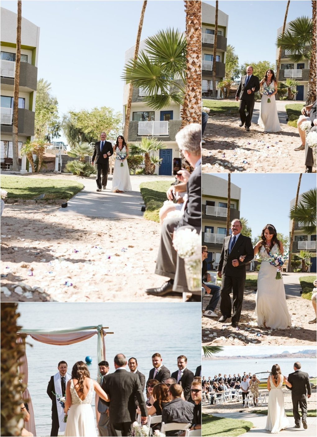 Premier snohomish & seattle wedding photographer | gsquared weddings photography a bride in a white dress walks down an outdoor aisle with her father passing guests toward a lakeside altar where the groom and groomsmen wait This snohomish wedding ceremony unfolds under sunny clear skies near seattle | serving snohomish seattle                   & beyond