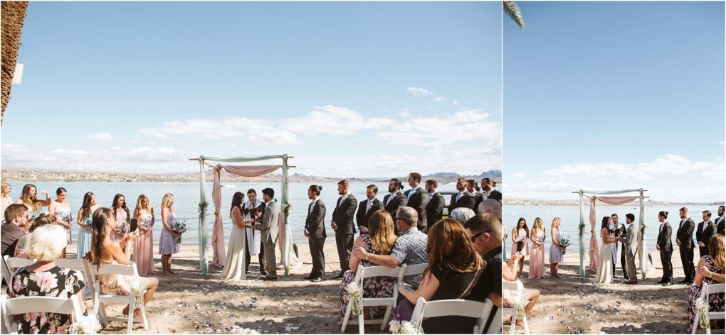 Premier snohomish & seattle wedding photographer | gsquared weddings photography a snohomish wedding ceremony unfolds on a sandy beach near seattle The couple stands under a simple arch guests in white chairs as bridesmaids and groomsmen line each side beneath the clear blue sky and calm water | serving snohomish seattle                   & beyond