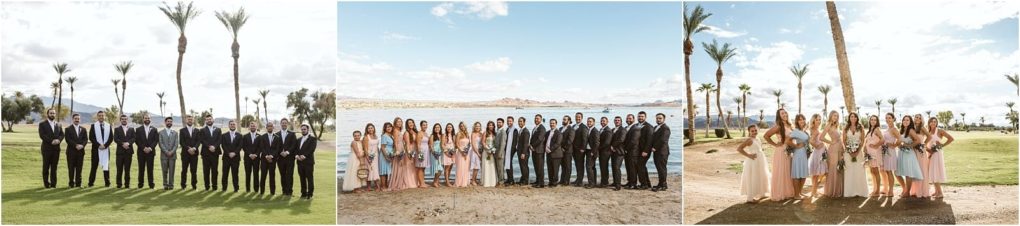 Premier snohomish & seattle wedding photographer | gsquared weddings photography a collage of three group photos from a snohomish seattle wedding features groomsmen in suits the entire wedding party by the water and bridesmaids in blush dresses with bouquets all surrounded by palm trees on a sunny day | serving snohomish seattle                   & beyond