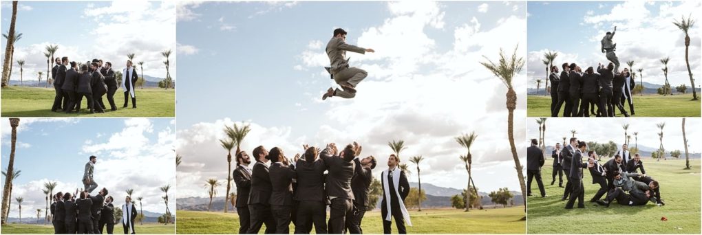 Premier snohomish & seattle wedding photographer | gsquared weddings photography a group of men in suits toss another man high into the air on a grassy field at a snohomish seattle wedding surrounded by palm trees smiling and laughing under a partly cloudy sky | serving snohomish seattle                   & beyond