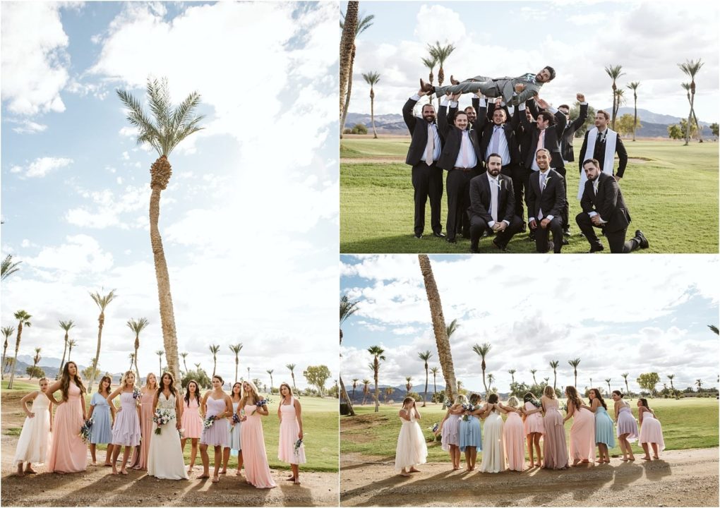 Premier snohomish & seattle wedding photographer | gsquared weddings photography three wedding party photos groomsmen in black suits lifting the groom groomsmen posing and bridesmaids in pastel dresses outdoorsall smiling under a sunny sky at a beautiful snohomish seattle wedding with palm trees and mountains | serving snohomish seattle                   & beyond