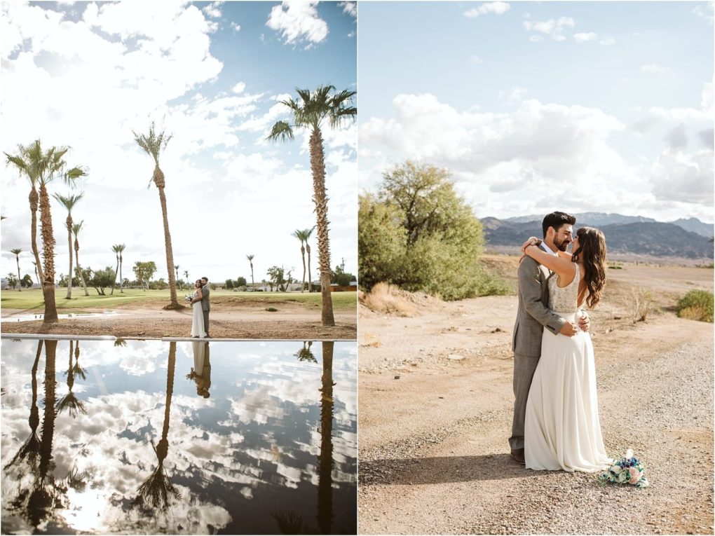 Premier snohomish & seattle wedding photographer | gsquared weddings photography two wedding photos on the left a couple embraces under palm trees with their reflection in a large puddle On the right they hug in a desert landscape with mountains and a bright skya dreamy snohomish seattle wedding moment | serving snohomish seattle                   & beyond