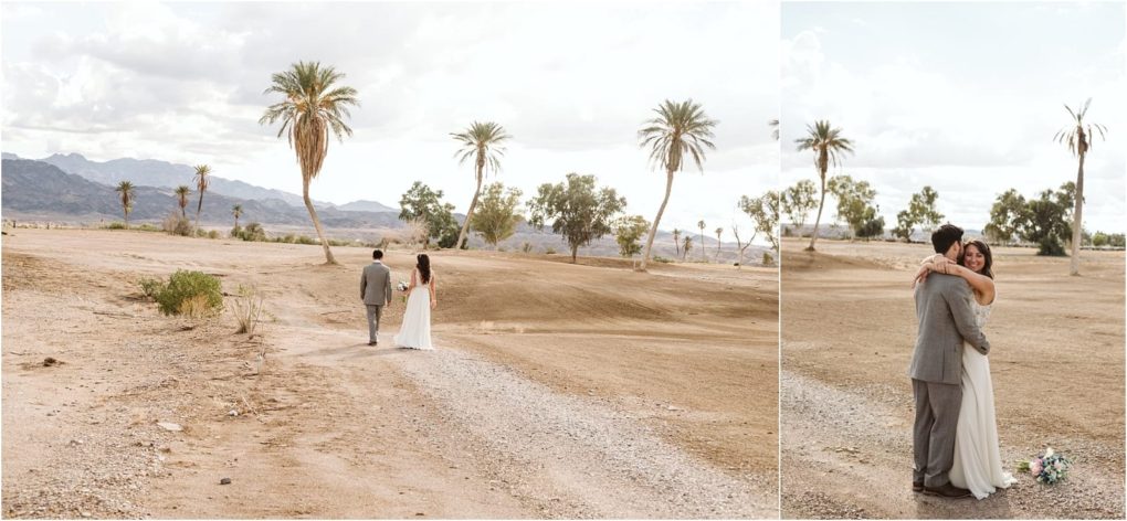 Premier snohomish & seattle wedding photographer | gsquared weddings photography a bride and groom walk hand in hand on a sandy desert path lined with palm trees a second photo shows them embracing with mountains and a cloudy sky in the backgrounda dreamy scene for any snohomish seattle wedding engagement | serving snohomish seattle                   & beyond
