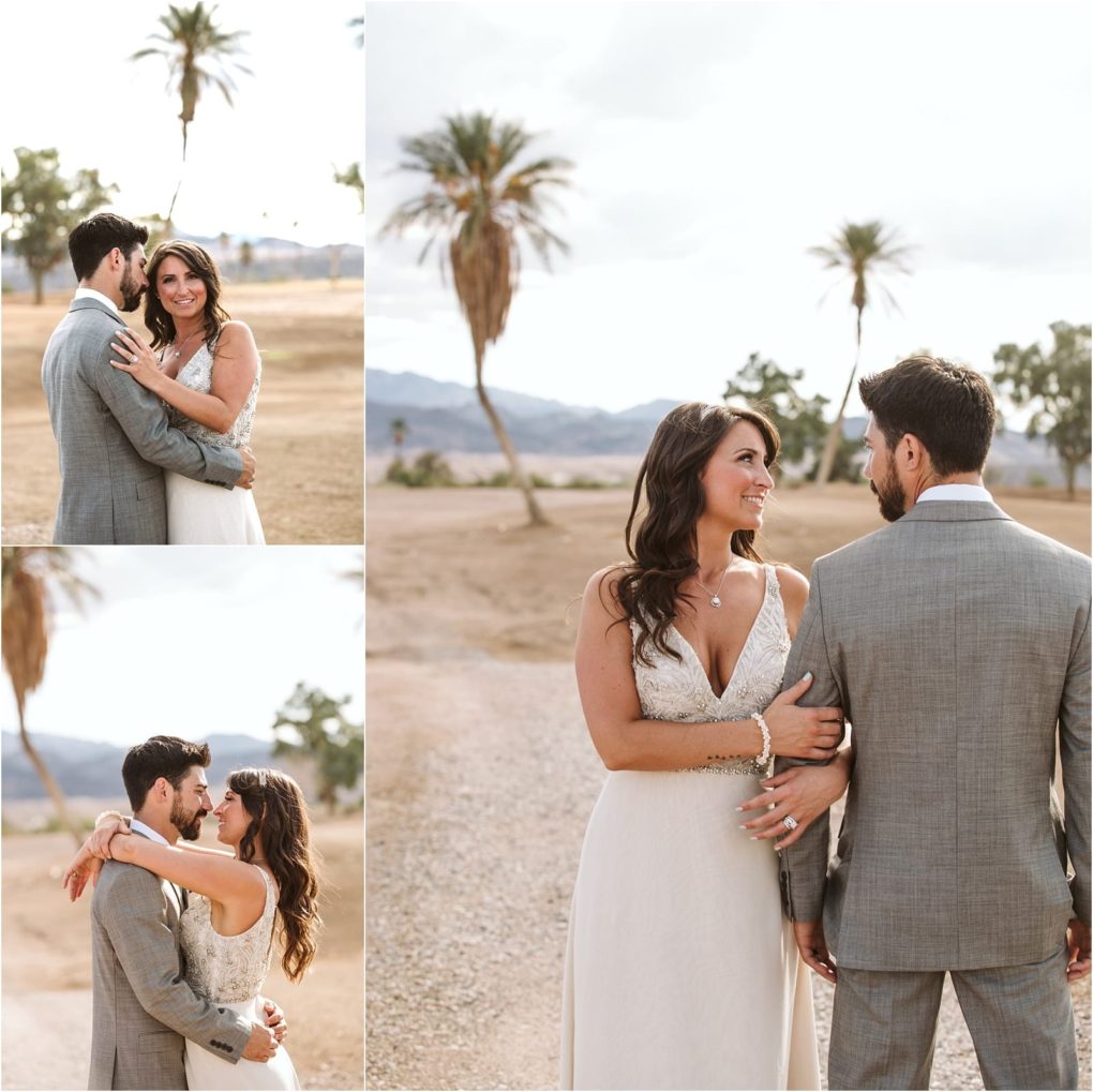 Premier snohomish & seattle wedding photographer | gsquared weddings photography a bride in a white dress and a groom in a gray suit embrace and smile at each other outdoors amid palm trees and mountains capturing a joyful snohomish seattle wedding moment | serving snohomish seattle                   & beyond