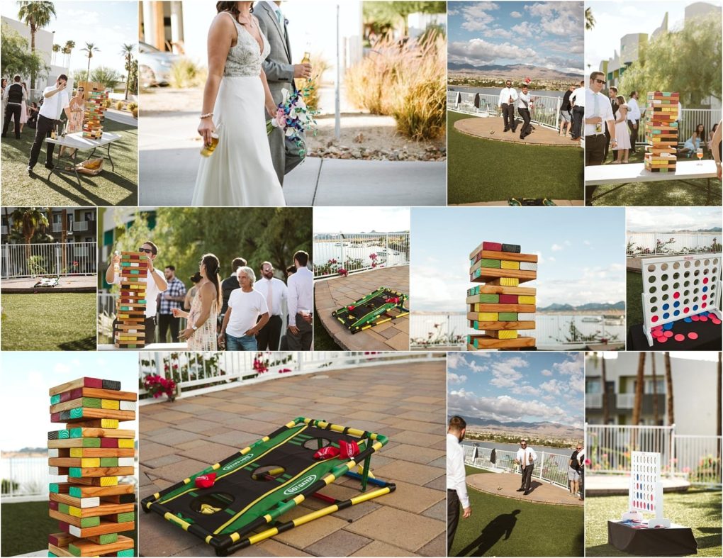 Premier snohomish & seattle wedding photographer | gsquared weddings photography a collage of outdoor snohomish wedding reception scenes shows guests playing lawn games like giant jenga cornhole and connect four mingling with drinks in hand and scenic views in the background Perfect inspiration for a seattle wedding or engagement celebration | serving snohomish seattle                   & beyond