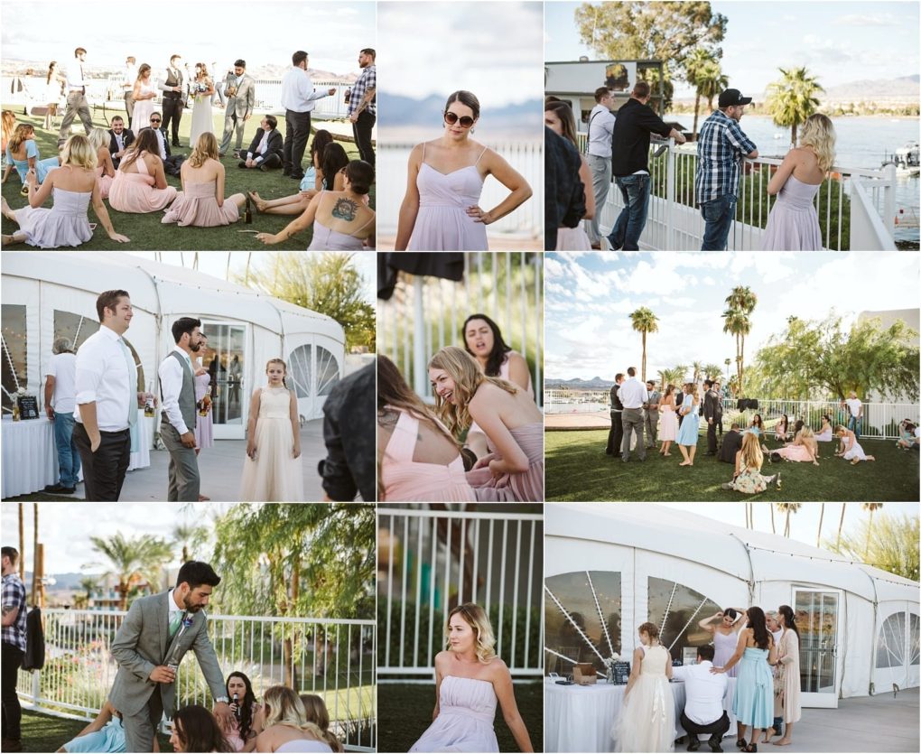 Premier snohomish & seattle wedding photographer | gsquared weddings photography a collage of outdoor snohomish seattle wedding reception scenes by a lakeside with guests in formal attire mingling and relaxing on grass under sunny skies palm trees and white tentscapturing the joy of an unforgettable engagement celebration | serving snohomish seattle                   & beyond