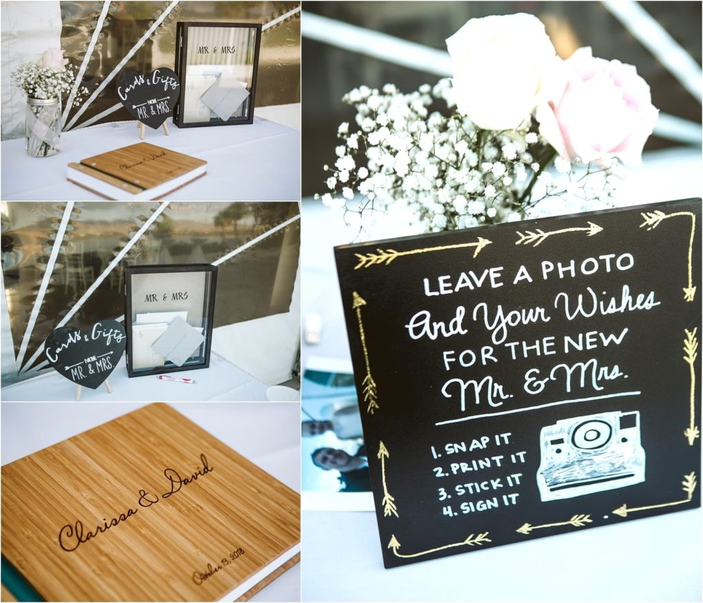 Premier snohomish & seattle wedding photographer | gsquared weddings photography a wedding gift table at a snohomish seattle wedding featuring a wooden guest book a sign for cards and gifts white flowers in a vase and a chalkboard inviting guests to leave a photo and wishes for the newly engaged couple | serving snohomish seattle                   & beyond