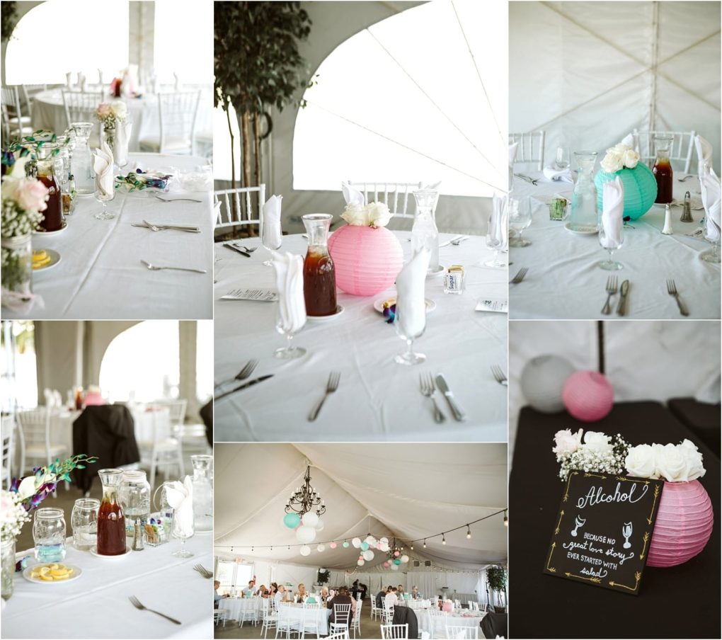 Premier snohomish & seattle wedding photographer | gsquared weddings photography collage of snohomish seattle wedding reception decor tables with white cloths pastel paper lantern centerpieces floral arrangements folded napkins glass jars and a chalkboard sign labeled alcohol White chairs and tent canopy are visible | serving snohomish seattle                   & beyond