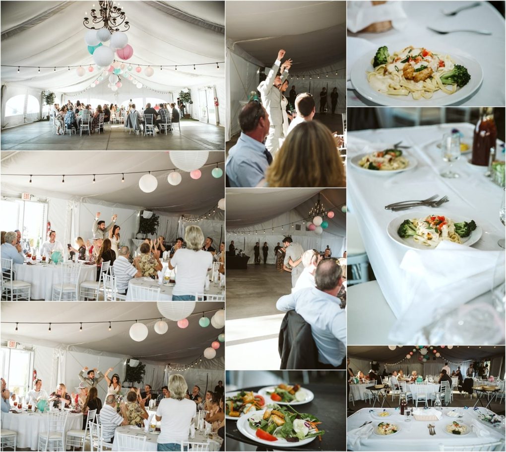 Premier snohomish & seattle wedding photographer | gsquared weddings photography a collage of snohomish seattle wedding photos shows guests dining at round tables toasting and dancing in a white tent with string lights and pastel balloons Several images highlight plates with pasta vegetables and salads | serving snohomish seattle                   & beyond