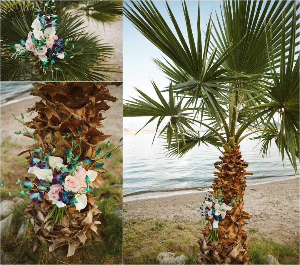 Premier snohomish & seattle wedding photographer | gsquared weddings photography a tropical palm tree on a beach with a bouquet of pink white and purple flowers tied to its trunkperfect inspiration for a snohomish seattle wedding engagement Close ups highlight vibrant blooms against textured bark | serving snohomish seattle                   & beyond