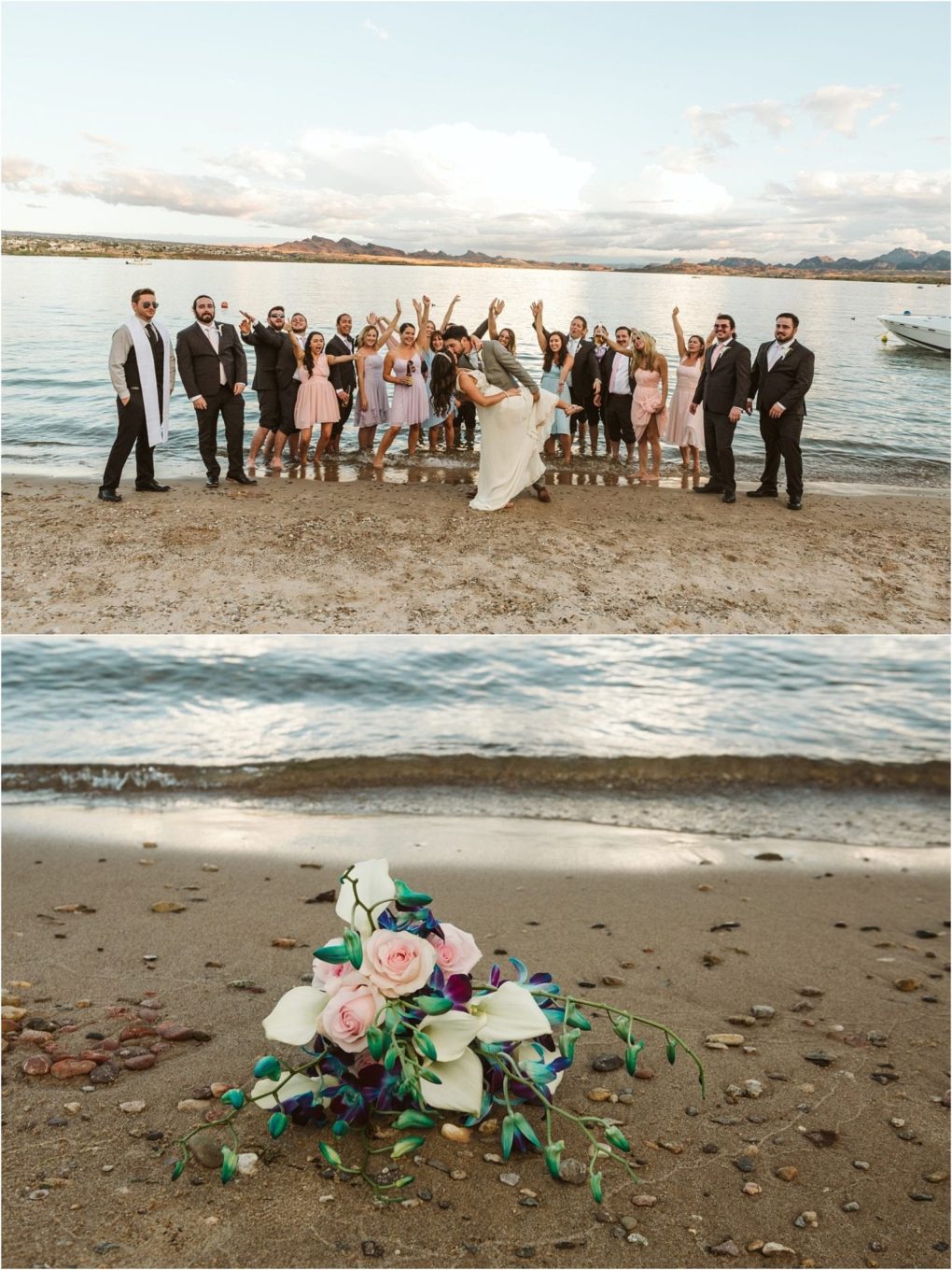 Premier snohomish & seattle wedding photographer | gsquared weddings photography a joyful snohomish wedding party poses on a sandy lakeshore with the bride and groom kissing in front Below a bouquet of pink roses white lilies and blue flowers rests on the pebbled beach | serving snohomish seattle                   & beyond