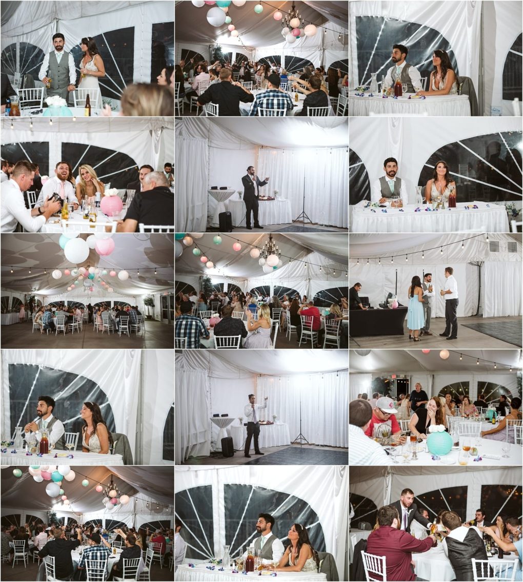 Premier snohomish & seattle wedding photographer | gsquared weddings photography a collage of snohomish wedding reception photos in a white tent showing guests at tables the bride and groom at a head table a person giving a speech and pastel colored lanterns hanging from the ceiling | serving snohomish seattle                   & beyond