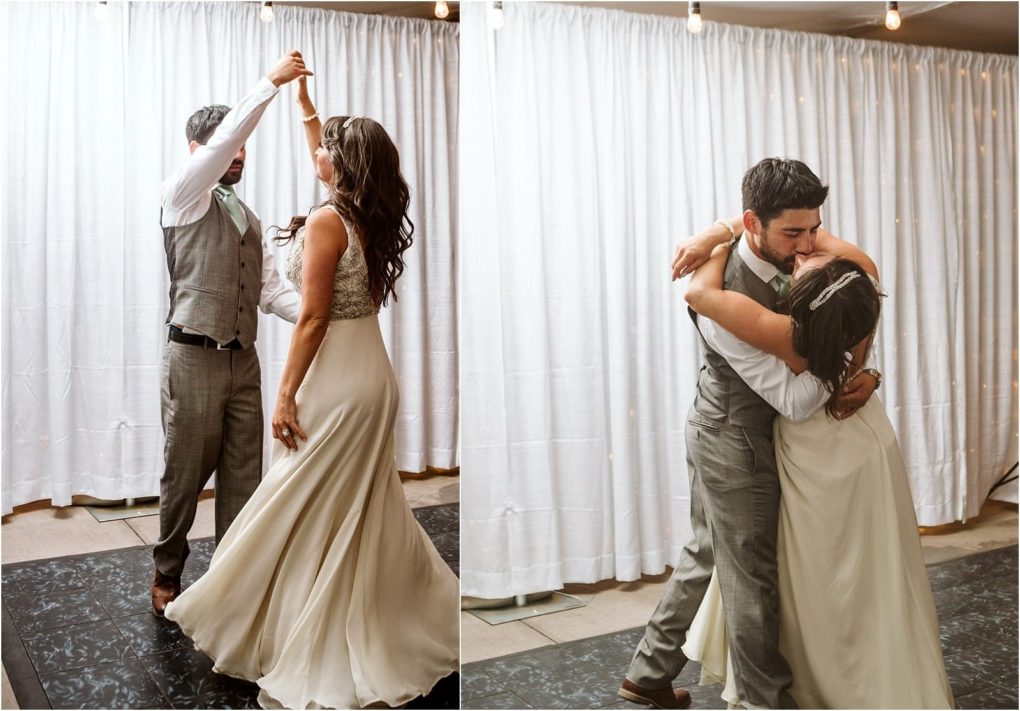 Premier snohomish & seattle wedding photographer | gsquared weddings photography a couple dances together at their snohomish seattle wedding in the first image the man twirls the woman in a white dress and in the second they share a close embrace both smiling in front of white curtains | serving snohomish seattle                   & beyond