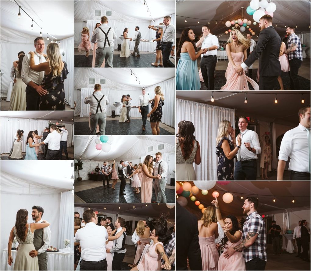 Premier snohomish & seattle wedding photographer | gsquared weddings photography a collage of snohomish wedding reception photos shows guests dancing mingling and enjoying themselves under string lights and colorful balloons in a decorated tent People wear semi formal attire and appear happy and lively | serving snohomish seattle                   & beyond