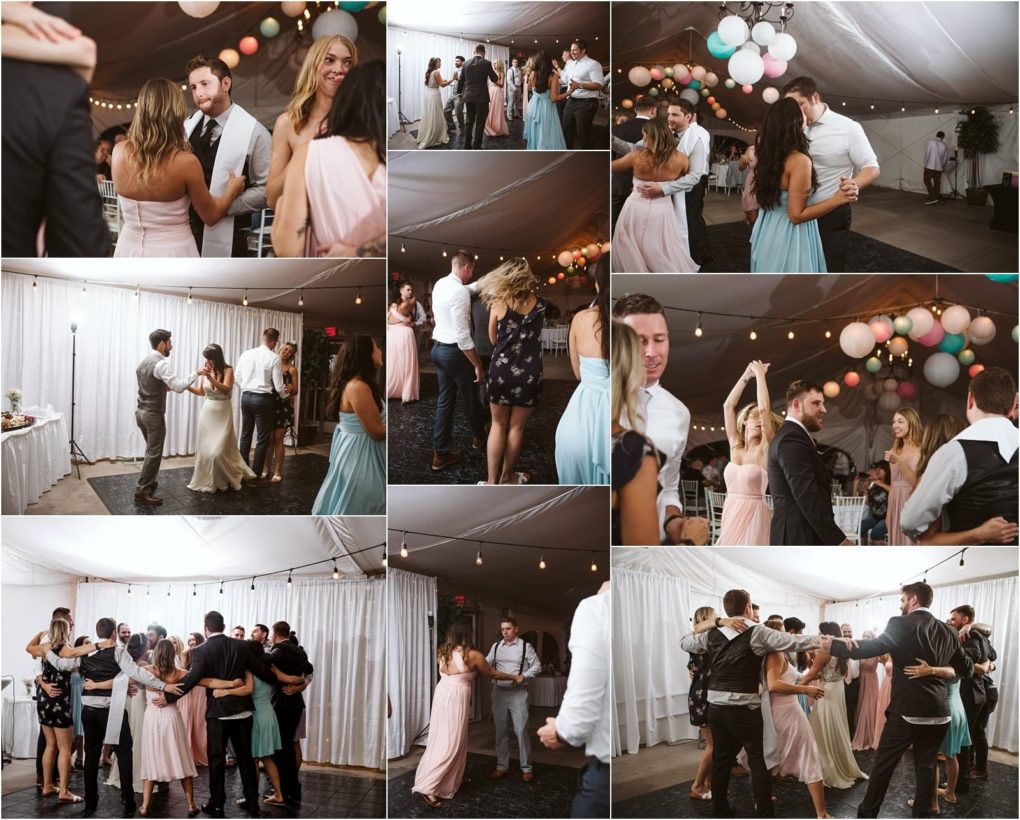 Premier snohomish & seattle wedding photographer | gsquared weddings photography a collage of wedding reception photos from a snohomish seattle wedding shows guests dancing laughing and celebrating under a tent with hanging lights and balloons People in semi formal attire look joyful and energetic | serving snohomish seattle                   & beyond