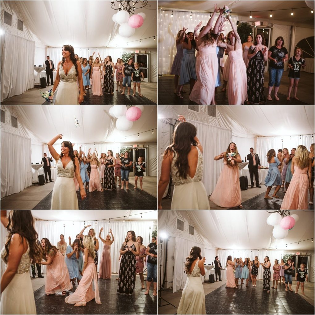 Premier snohomish & seattle wedding photographer | gsquared weddings photography a series of snohomish wedding reception photos shows a bride tossing her bouquet to a group of excited women and girls as they cheer and celebrate under a white tent with string lights and pink lanterns | serving snohomish seattle                   & beyond